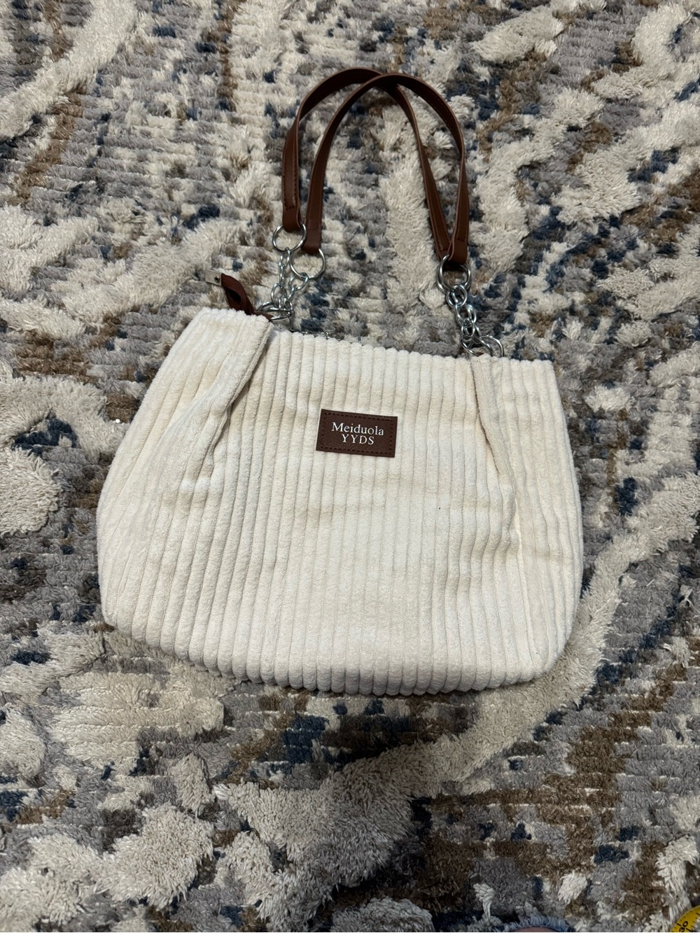 ✅🩷 $5 items for $25 Minimum. Cream Ribbed Shoulder Bag with Brown Handles - Picture 7 of 11